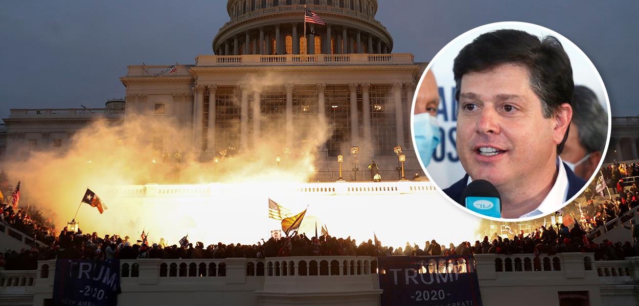 Explosão causada por disparo da polícia durante invasão do Capitólio por apoiadores de Trump (Foto: REUTERS/Leah Millis | Najara Araujo/Câmara dos Deputados) Explosão causada por disparo da polícia durante invasão do Capitólio por apoiadores de Trump