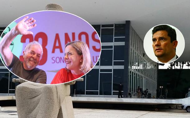 Ex-presidente Lula, Gleisi Hoffmann e Sérgio Moro (Foto: Valter Campanato/Agência Brasil - Stuckert - Divulgação) Ex-presidente Lula, Gleisi Hoffmann e Sérgio Moro