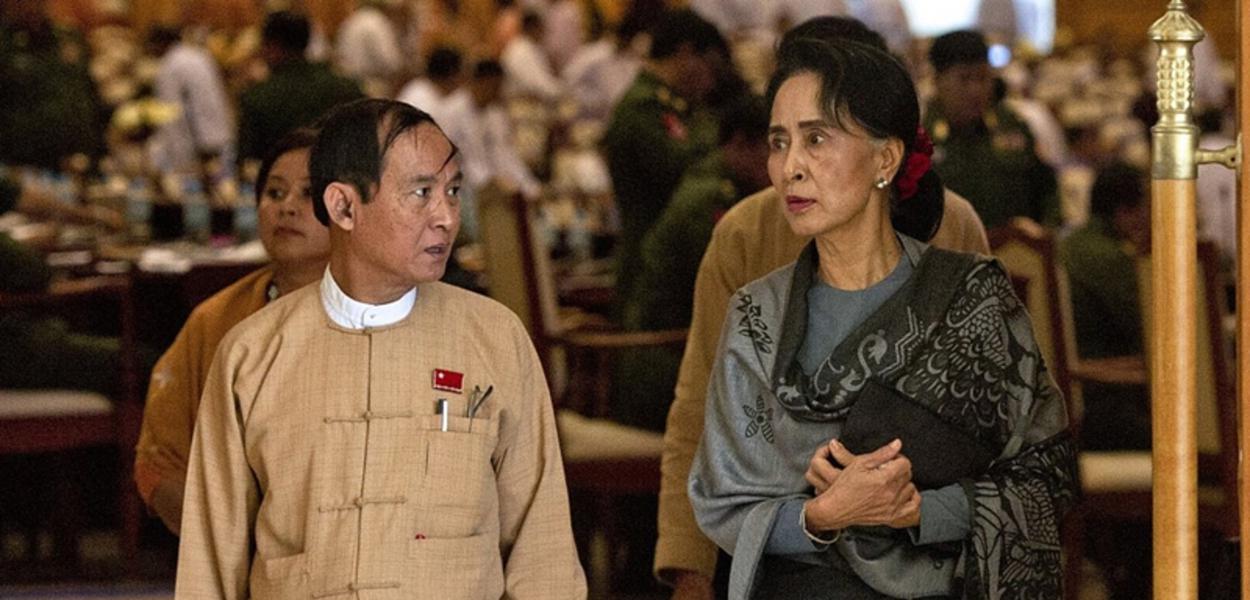 O presidente de Mianmar U Win Myint e a conselheira de Estado Aung San Suu Kyi (Foto: Global Times) O presidente de Mianmar U Win Myint e a conselheira de Estado Aung San Suu Kyi