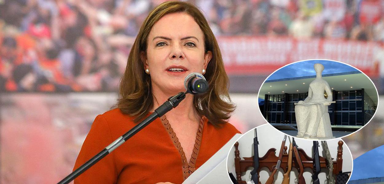 Gleisi Hoffmann, presidente do PT, armas e o Supremo Tribunal Federal (Foto: Stuckert / Divulgação) Gleisi Hoffmann, presidente do PT, armas e o Supremo Tribunal Federal