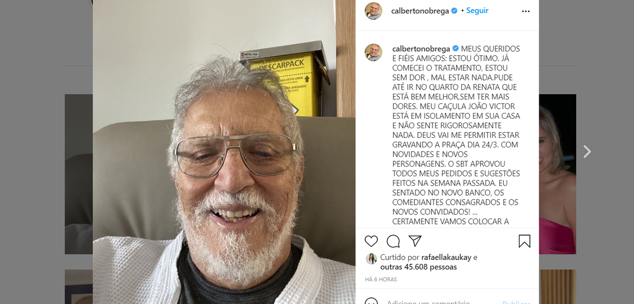 Carlos Alberto de Nóbrega posta sobre internação por Covid (Foto: Reprodução/Instagram) Carlos Alberto de Nóbrega posta sobre internação por Covid