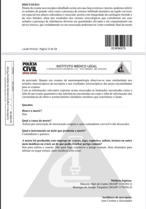 Laudo do IML conclui que Lorenza foi assassinada (reprodução)