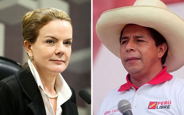 Presidente nacional do PT, Gleisi Hoffmann, e o candidato à presidência do Peru Pedro Castillo (Foto: Marcelo Camargo/Agência Brasil | REUTERS/Sebastian Castaneda) Presidente nacional do PT, Gleisi Hoffmann, e o candidato à presidência do Peru Pedro Castillo