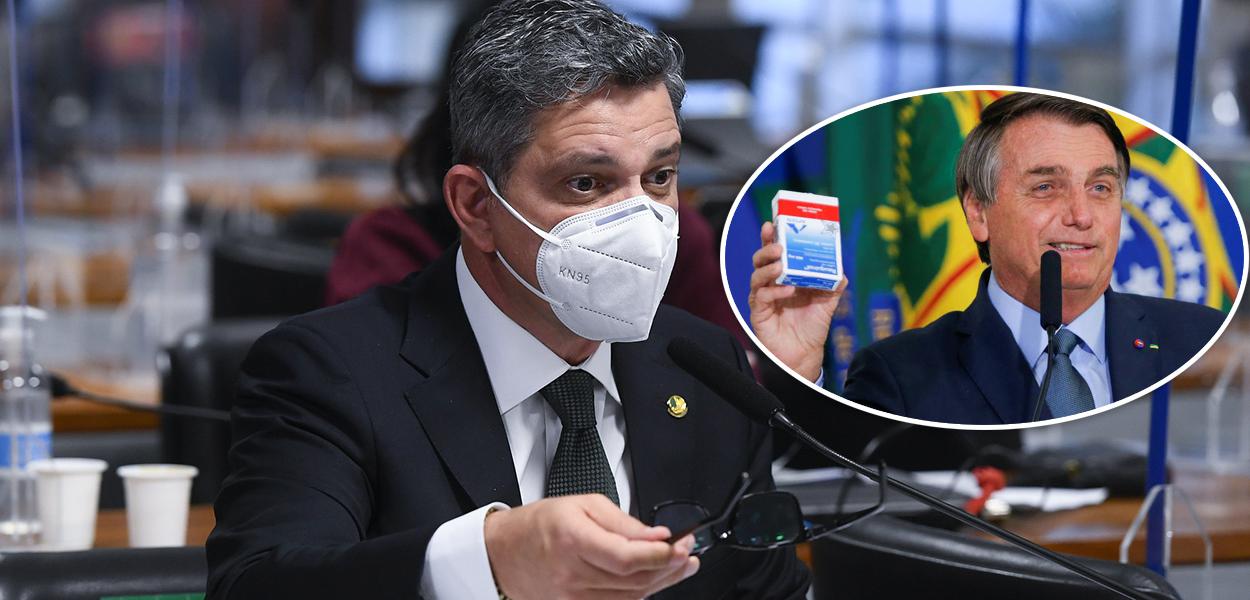 Rogério Carvalho e Bolsonaro segurando caixa de cloroquina (Foto: Marcos Oliveira/Agência Senado | Adriano Machado/Reuters) Rogério Carvalho e Bolsonaro segurando caixa de cloroquina
