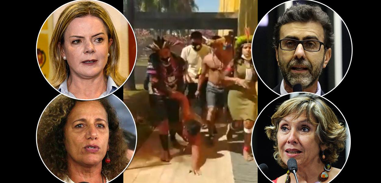 Parlamentares Gleisi Hoffamnn, Jandira Feghali, Marcelo Freixo e Erika Kokay mais a violência contra índios ao fundo (Foto: Divulgação) Parlamentares Gleisi Hoffamnn, Jandira Feghali, Marcelo Freixo e Erika Kokay mais a violência contra índios ao fundo