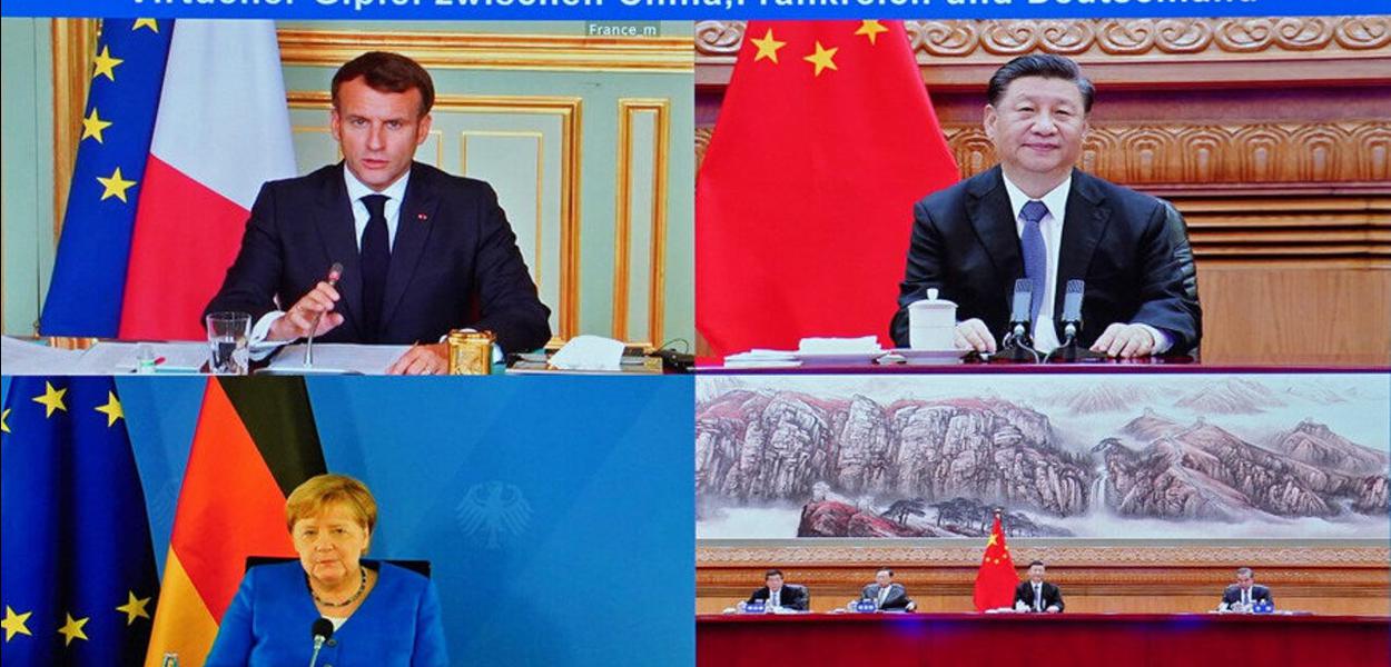 Videoconferência entre Xi Jinping, Emmanuel Macron e Angela Merkel