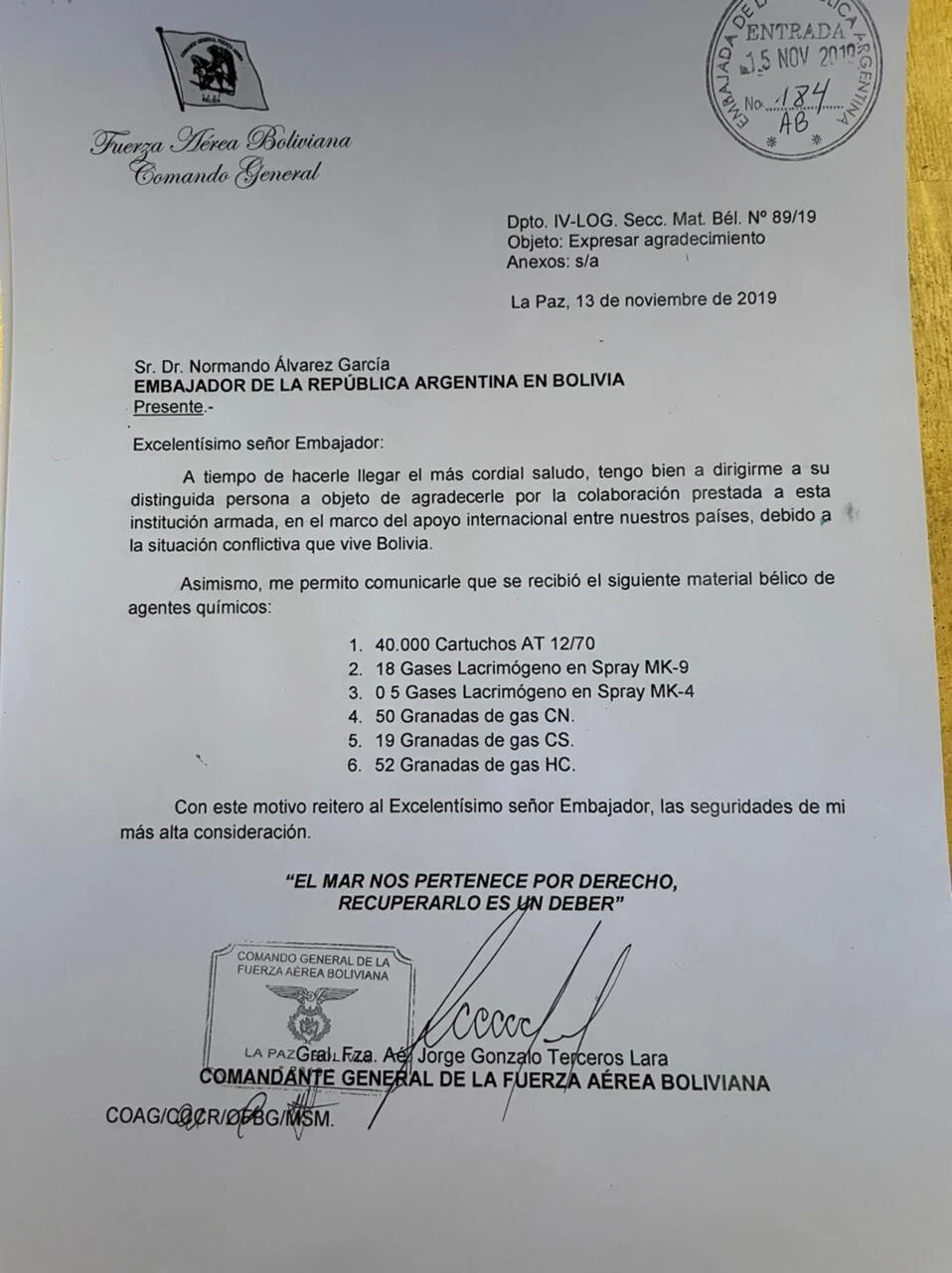Documento golpe Bolívia Argentina