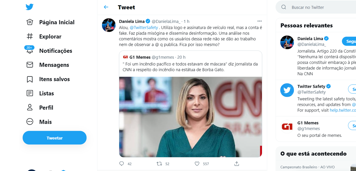 Daniela Lima denuncia conta fake no Twitter (Foto: Reprodução) Daniela Lima denuncia conta fake no Twitter