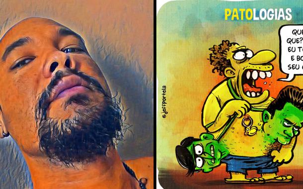 Jeff Portela e charge desenhada por ele (Foto: Reprodução) Jeff Portela e charge desenhada por ele