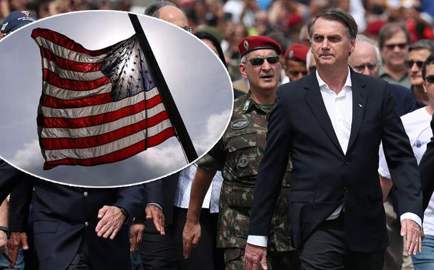 Bandeira dos Estados Unidos, Bolsonaro e militares (Foto: Reuters | ABR) Bandeira dos Estados Unidos, Bolsonaro e militares