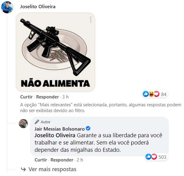 bolsonaro responde seguidor apos dizer que arma nao alimenta