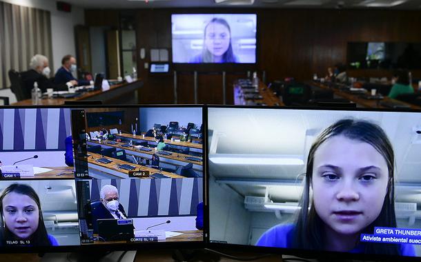 Ativista ambiental sueca Greta Thunberg, em pronunciamento via videoconferência. (Foto: Pedro França/Agência Senado) Ativista ambiental sueca Greta Thunberg, em pronunciamento via videoconferência.