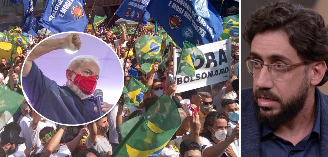 Lula, manifestção do MBL e Matheus Leitão (Foto: Ricardo Stuckert | JAÉLCIO SANTANA | Reprodução/TV Globo) Lula, manifestção do MBL e Matheus Leitão