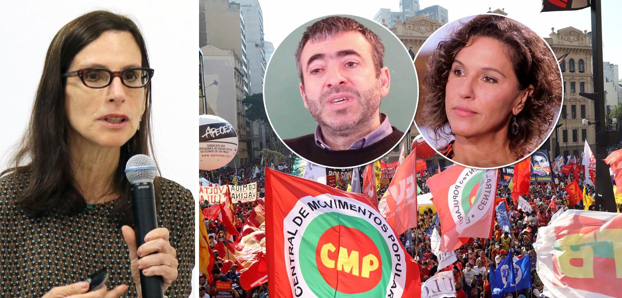 Historiadora Lilia Schwartz, filósofo Marcos Nobre e a cientista política Daniela Campello mais um ato contra Jair Bolsonaro ao fundo