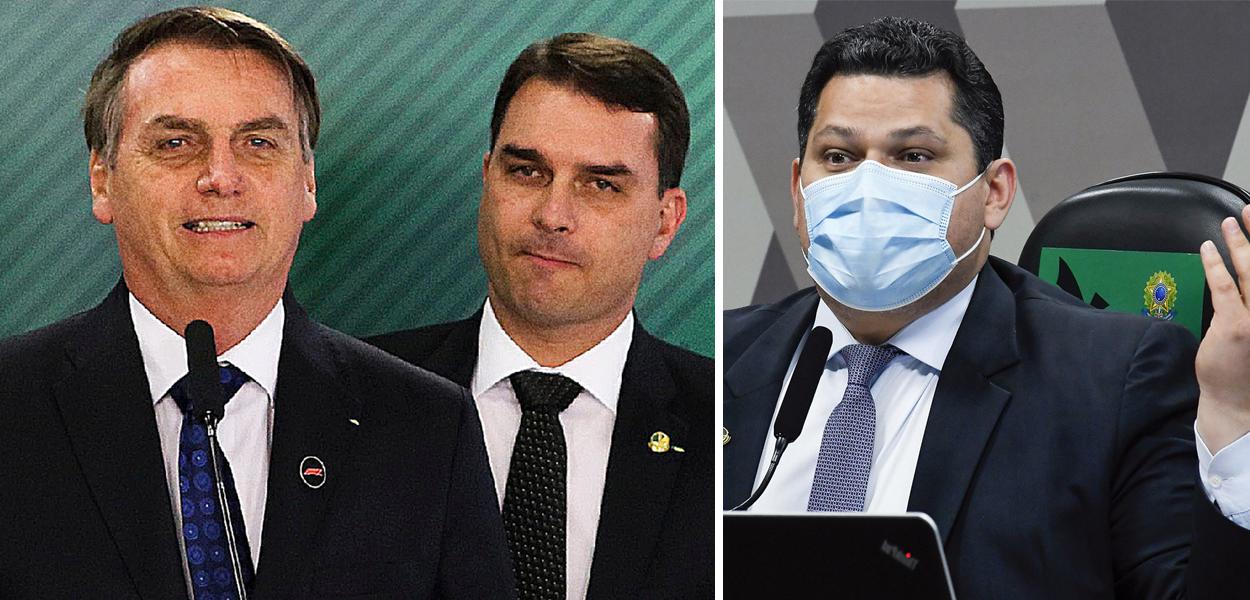 Jair e Flávio Bolsonaro e Davi Alcolumbre (Foto: Valter Campanato/Agência Brasil | Roque de Sá/Agência Senado) Jair e Flávio Bolsonaro e Davi Alcolumbre