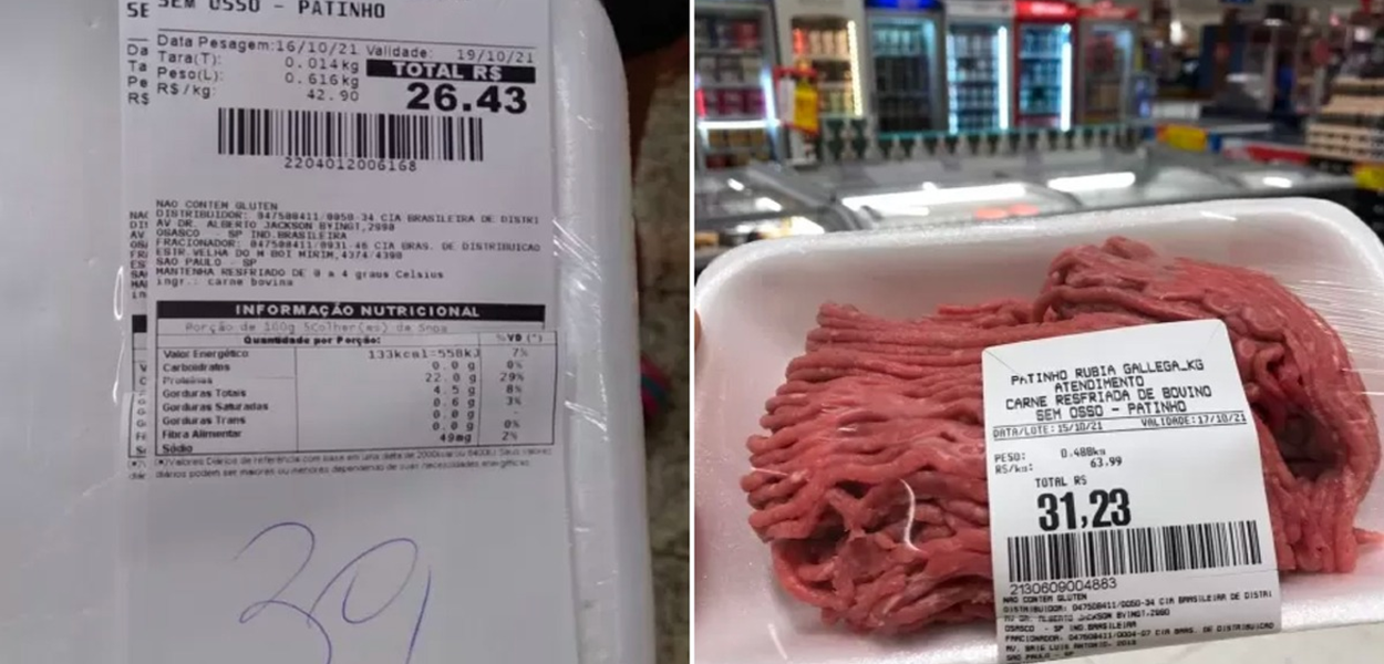No Extra do Jardim Ângela, clientes recebem bandeja vazia até pagar pela carne; na região da Paulista, situação "normal" (Foto: Reprodução / Fabiana Ivo | Rodrigo Ratier) No Extra do Jardim Ângela, clientes recebem bandeja vazia até pagar pela carne; na região da Paulista, situação "normal"
