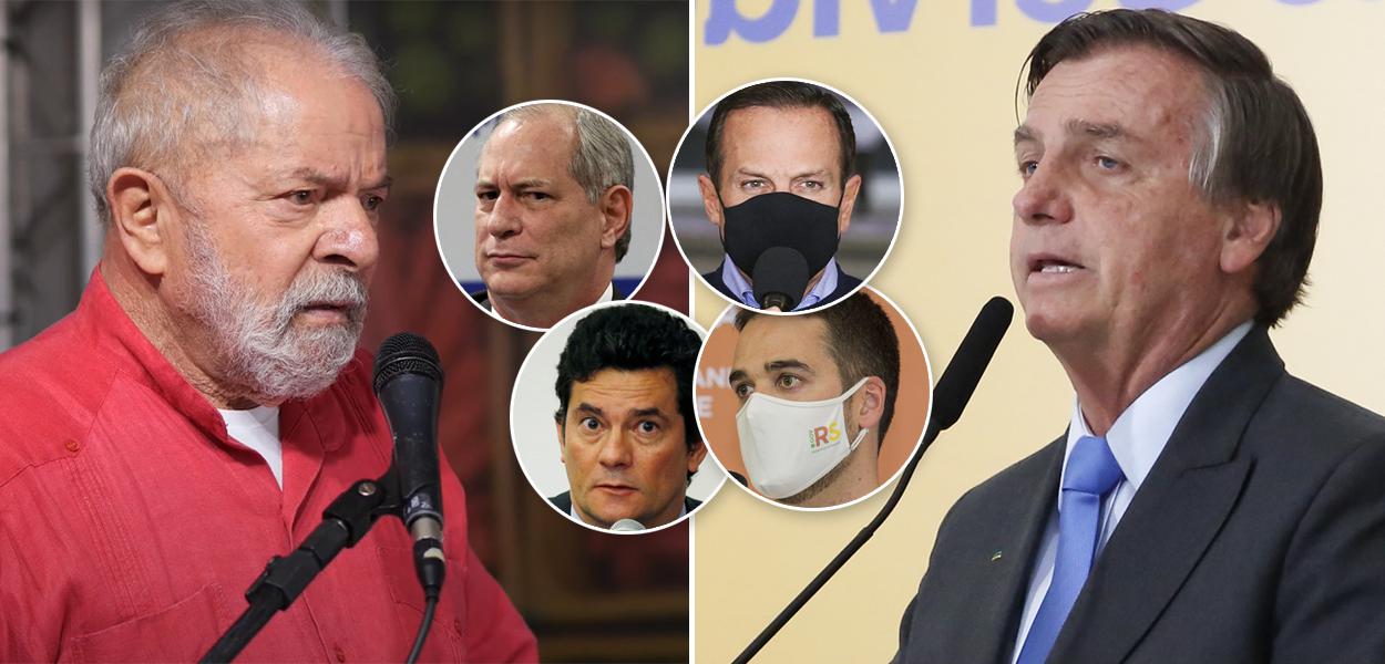 Ex-presidente Lula, Ciro Gomes, Sérgio Moro, João Doria, Eduardo Leite e Jair Bolsonaro (Foto: Reprodução | PR | CNI | Secom | Reuters) www.brasil247.com - Ex-presidente Lula, Ciro Gomes, Sérgio Moro, João Doria, Eduardo Leite e Jair Bolsonaro