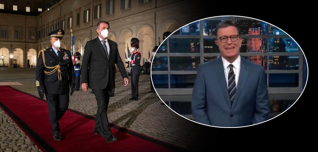 Jair Bolsonaro na Itália e Stephen Colbert (Foto: Reuters | Reprodução) Jair Bolsonaro na Itália e Stephen Colbert