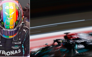 Lewis Hamilton venceu com capacete em homenagem ao movimento LGBT (Foto: Reprodução e Mercedes) Lewis Hamilton venceu com capacete em homenagem ao movimento LGBT