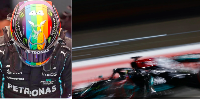 Lewis Hamilton venceu com capacete em homenagem ao movimento LGBT (Foto: Reprodução e Mercedes) Lewis Hamilton venceu com capacete em homenagem ao movimento LGBT
