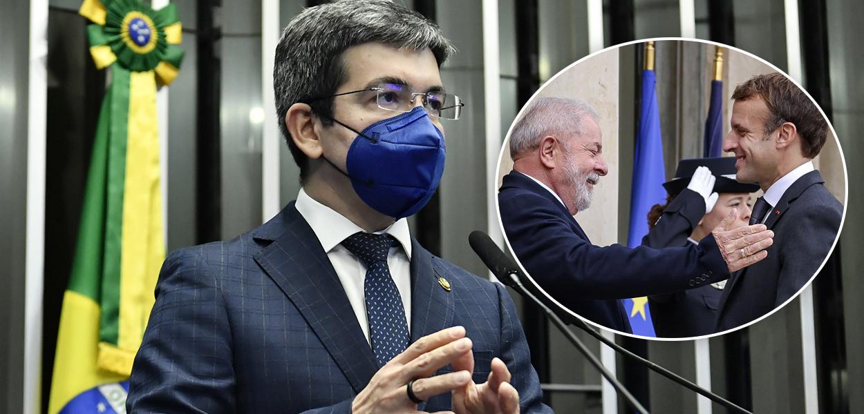 Randolfe Rodrigues e Lula com Macron (Foto: Waldemir Barreto/Agência Senado | Ricardo Stuckert) Randolfe Rodrigues e Lula com Macron
