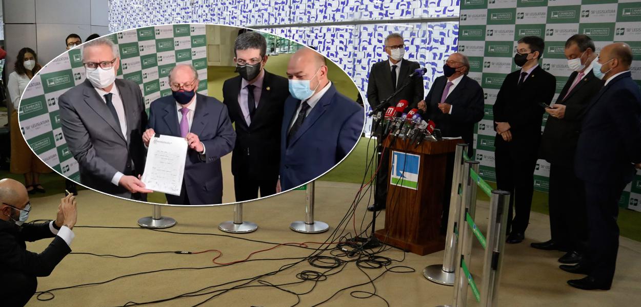 Miguel Reale e senadores da CPI da Covid na Câmara (Foto: Reprodução | Ariel Costa/Gabinete Senador Omar Aziz) www.brasil247.com - Miguel Reale e senadores da CPI da Covid na Câmara