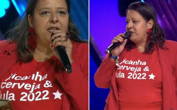 Prêmio Multishow: premiada sobe ao palco com camiseta Picanha, Cerveja & Lula (vídeo)