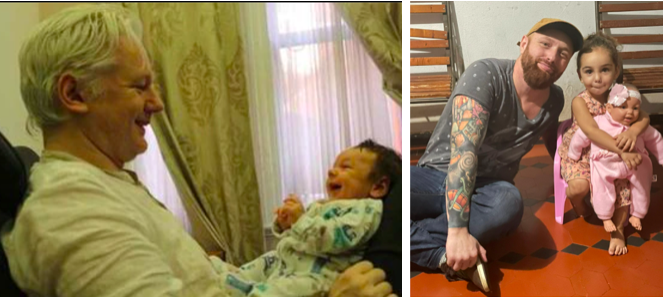 Assange com a filha na Embaixada em Londres; Delgatti com a filha em Araraquara (Foto: Reprodução da TV e arquivo pessoal) www.brasil247.com - Assange com a filha na Embaixada em Londres; Delgatti com a filha em Araraquara