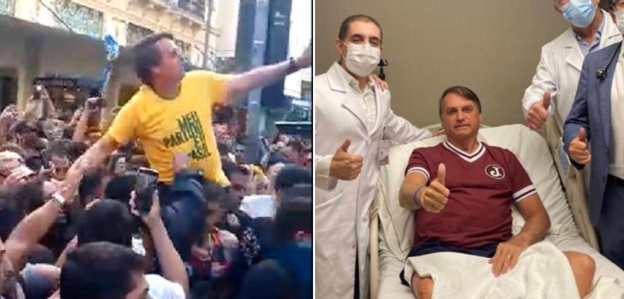 Bolsonaro, em 6 de setembro e no hospital depois do camarão indigesto (Foto: Reprodução) www.brasil247.com - Bolsonaro, em 6 de setembro e no hospital depois do camarão indigesto
