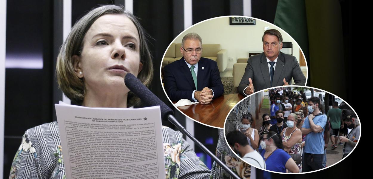 Gleisi Hoffmann, Queiroga com Bolsonaro e filas de pessoas com máscara para se proteger da Covid-19