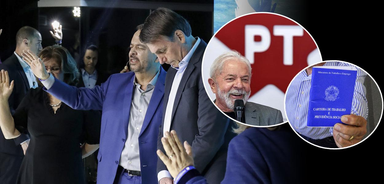 Bolsonaro em culto evangélico, Lula e carteira de trabalho (Foto: Alan Santos/PR | Ricardo Stuckert | Ag. Senado) www.brasil247.com - Bolsonaro em culto evangélico, Lula e carteira de trabalho