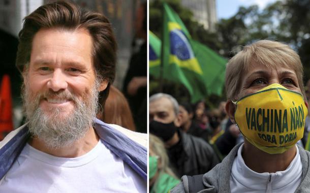 Jim Carrey e manifestação antivacina (Foto: Reprodução/Instagram | Reuters) Jim Carrey e manifestação antivacina