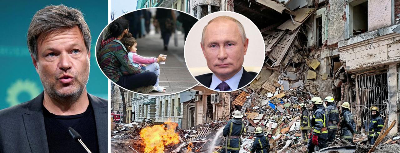 Ministro da Energia da Alemanha, Robert Habeck, presidente da Rússia, Vladimir Putin e cenas de guerra e pobreza na Europa