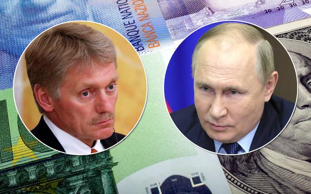 Dmitry Peskov, secretário de imprensa do governo russo, e o presidente Vladimir Putin (Foto: Dmitry Peskov, secretário de imprensa do presidente russo, Vladimir Putin + circulos de dolar e do euro) Dmitry Peskov, secretário de imprensa do governo russo, e o presidente Vladimir Putin