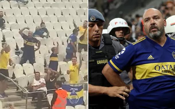 Torcedor do Boca Juniors é detido pela Polícia Militar após imitar um macaco no jogo contra o Corinthians (Foto: Reprodução | Amanda Perobelli/Reuters) Torcedor do Boca Juniors é detido pela Polícia Militar após imitar um macaco no jogo contra o Corinthians