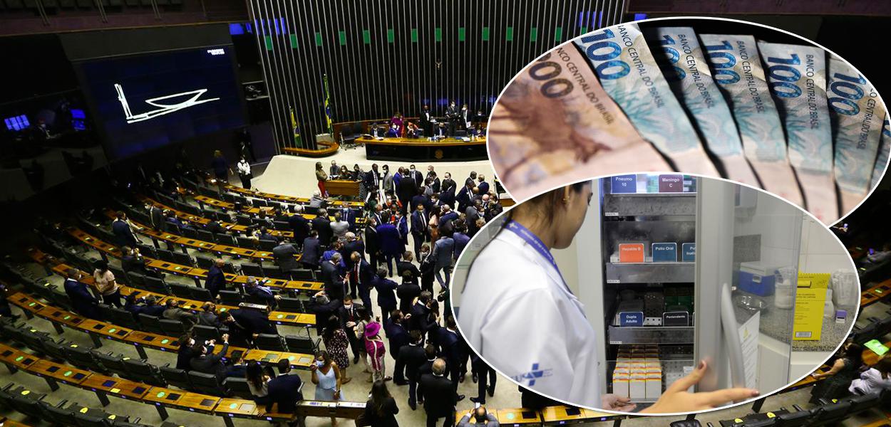 Câmara dos Deputados ao fundo, uma enfermeira (no círculo debaixo) e dinheiro em espécie no outro círculo (Foto: ABR) www.brasil247.com - Câmara dos Deputados ao fundo, uma enfermeira (no círculo debaixo) e dinheiro em espécie no outro círculo