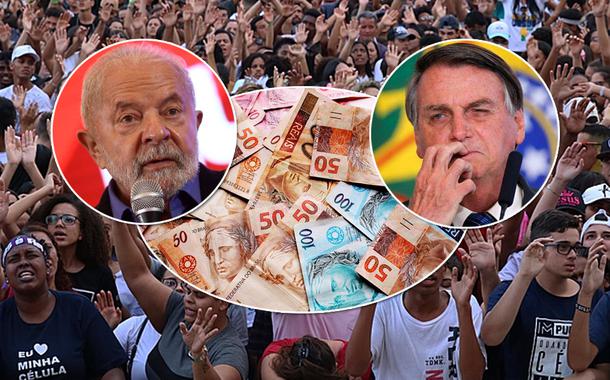 Luiz Inácio Lula da Silva (círculo, à esq.), Jair Bolsonaro mais foto de dinheiro em espécie e religiosos no fundo da montagem (Foto: Reuters | ABR) Luiz Inácio Lula da Silva (círculo, à esq.), Jair Bolsonaro mais foto de dinheiro em espécie e religiosos no fundo da montagem