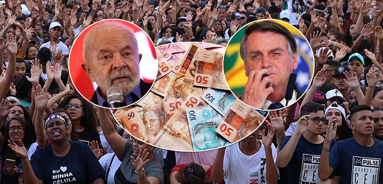 Luiz Inácio Lula da Silva (círculo, à esq.), Jair Bolsonaro mais foto de dinheiro em espécie e religiosos no fundo da montagem (Foto: Reuters | ABR) www.brasil247.com - Luiz Inácio Lula da Silva (círculo, à esq.), Jair Bolsonaro mais foto de dinheiro em espécie e religiosos no fundo da montagem