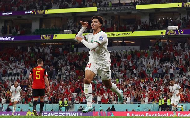 Zakaria Aboukhlal comemora segundo gol do Marrocos contra a Bélgica (27/11/2022) (Foto: REUTERS/Matthew Childs) Zakaria Aboukhlal comemora segundo gol do Marrocos contra a Bélgica (27/11/2022)