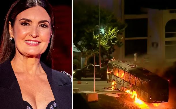 Fátima Bernardes e Ônibus queimado durante atos de vandalismo de bolsonaristas em Brasília (Foto: João Cotta/Globo | Reprodução/Youtube) Fátima Bernardes e Ônibus queimado durante atos de vandalismo de bolsonaristas em Brasília