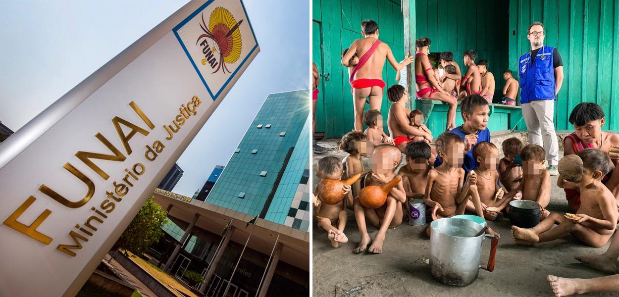 Fachada da Funai e Yanomamis em situação de miséria (Foto: Agência Brasil | Condisi-YY/Divulgação) www.brasil247.com - Fachada da Funai e Yanomamis em situação de miséria