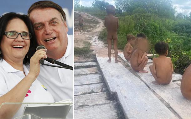 Damares Alves com Bolsonaro e Yanomamis em situação de miséria (Foto: Alan Santos/PR | Condisi-YY/Divulgação) Damares Alves com Bolsonaro e Yanomamis em situação de miséria
