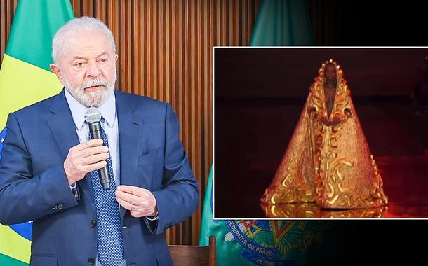 Presidente Lula e modelo vestida de santa brasileira na Semana de Alta Costura em Paris (Foto: Ricardo Stuckert/PR | Reprodução) Presidente Lula e modelo vestida de santa brasileira na Semana de Alta Costura em Paris