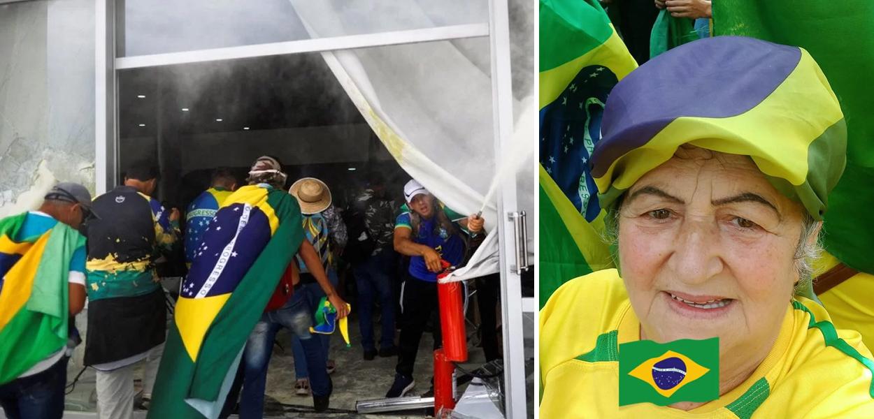 www.brasil247.com - Ato golpista em Brasília (à esq.) e Maria de Fátima Mendonça Jacinto Souza (à dir.)