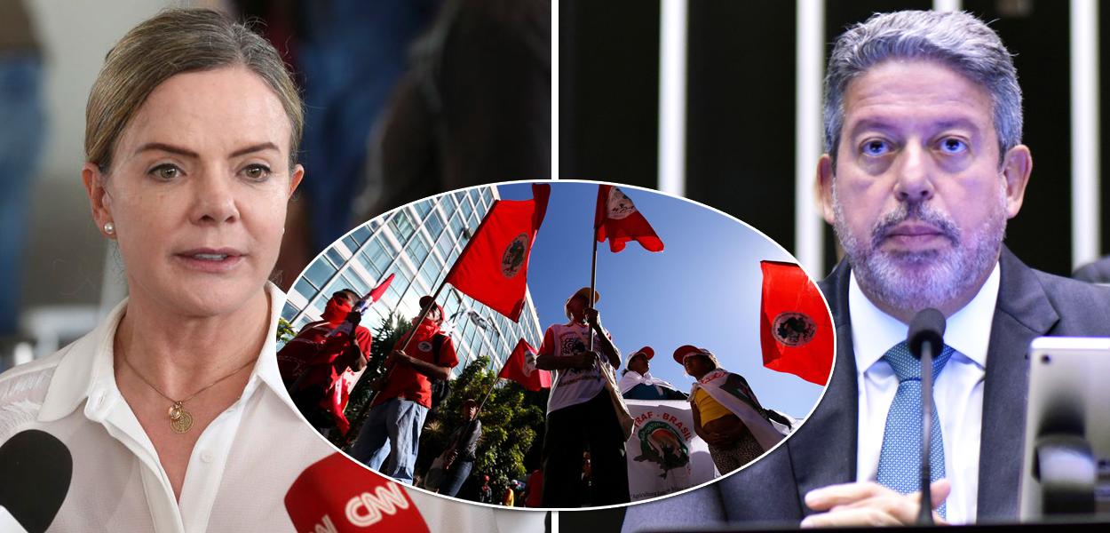 Gleisi Hoffmann, integrantes do Movimento dos Trabalhadores Rurais Sem Terra (MST) e Arthur Lira (Foto: ABR | Câmara dos Deputados) www.brasil247.com - Gleisi Hoffmann, integrantes do Movimento dos Trabalhadores Rurais Sem Terra (MST) e Arthur Lira