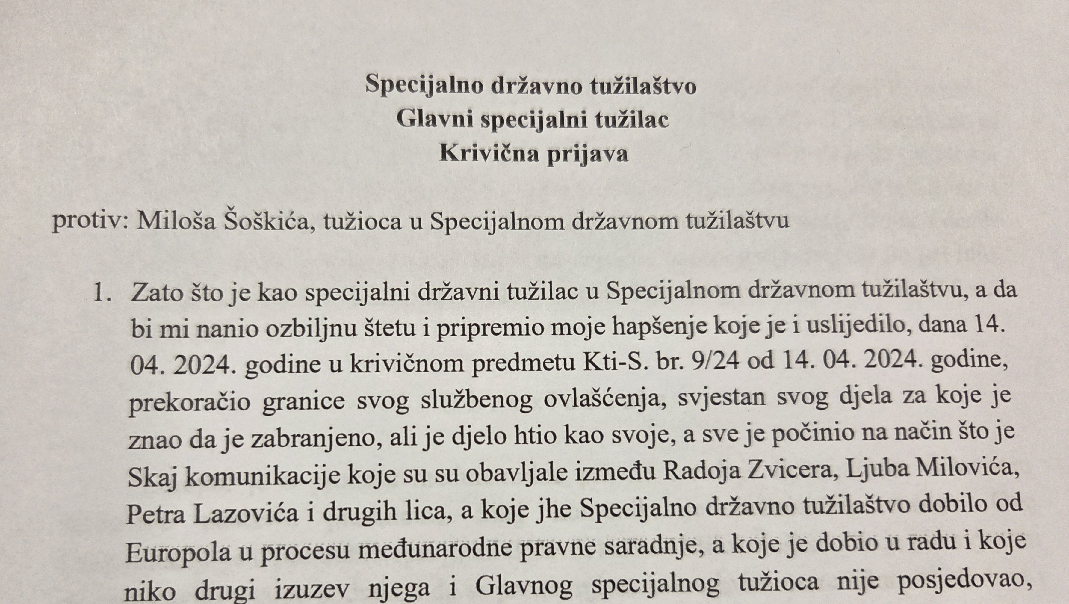 KATNIĆEVE OPTUŽBE: Naslovnica krivične prijave protiv Miloša Šoškića