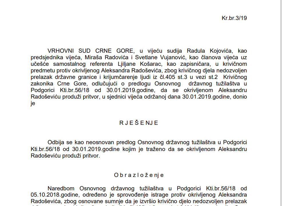 ZABORAVLJENI CRNOGORSKI STANDARDI: Odluka Vrhovnog suda o odbijanju produženja pritvora