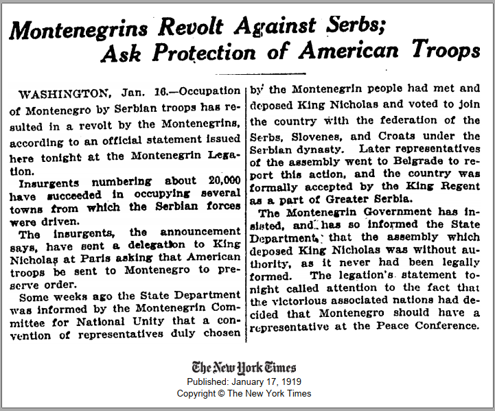 Njujork Tajms o srpskoj okupaciji Crne Gore januar 1919.