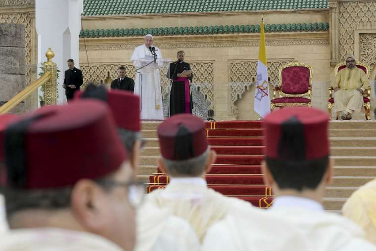 Pope Francis addresses the Moroccan people on the esplanade of the Hassan Tower in Rabat, March 30, 2019. Pope Francis addresses the Moroccan people on the esplanade of the Hassan Tower in Rabat, March 30, 2019.