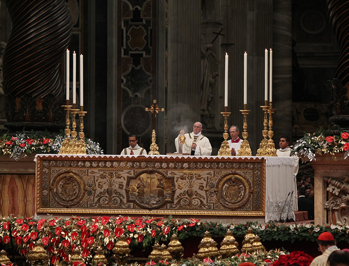 Pope Francis celebrates Midnight Mass in St. Peter's Basilica in 2015. Pope Francis celebrates Midnight Mass in St. Peter's Basilica in 2015.